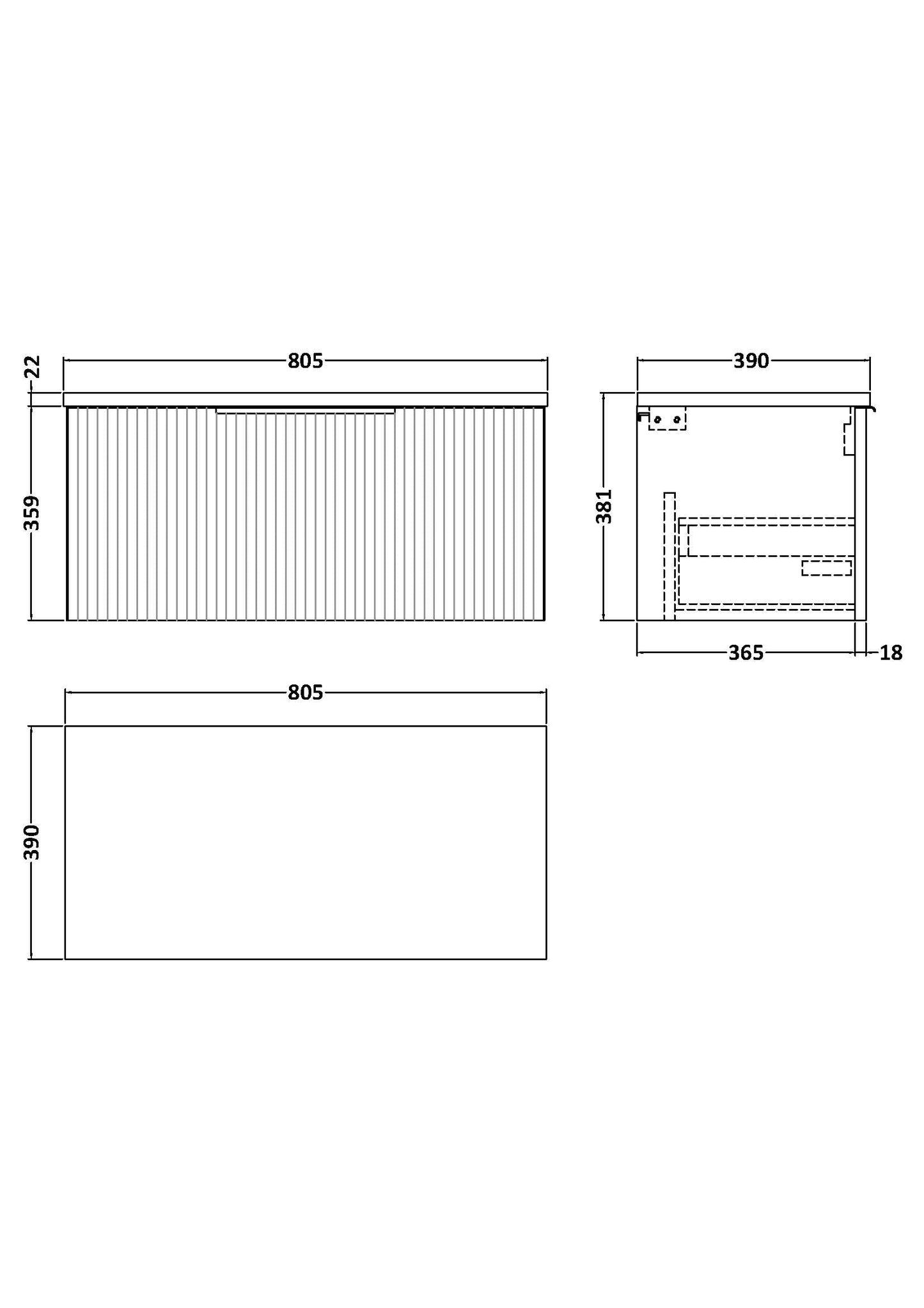 Hudson Reed Fluted 800mm Satin White Wall Hung Single Drawer Vanity Unit With Laminate Worktop