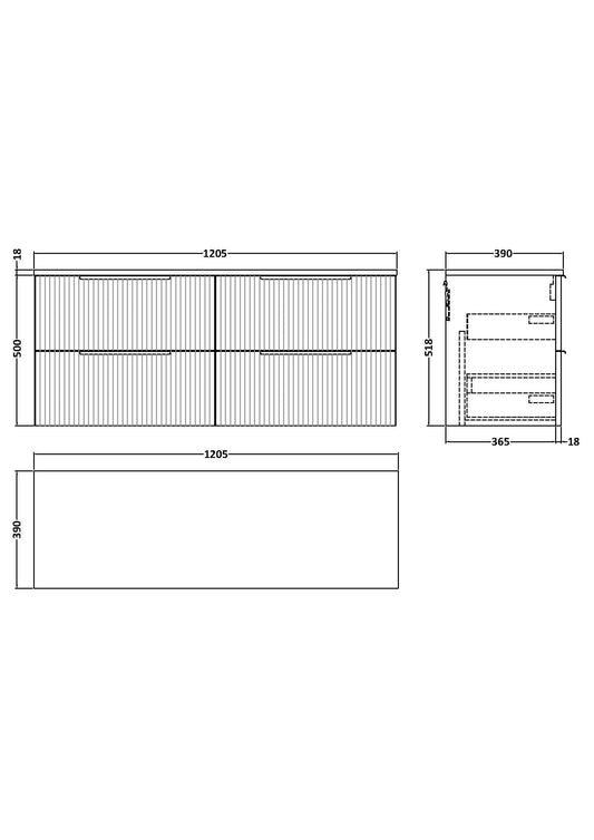 Hudson Reed Fluted 1200mm Satin Grey Wall Hung 4-Drawer Vanity With Worktop