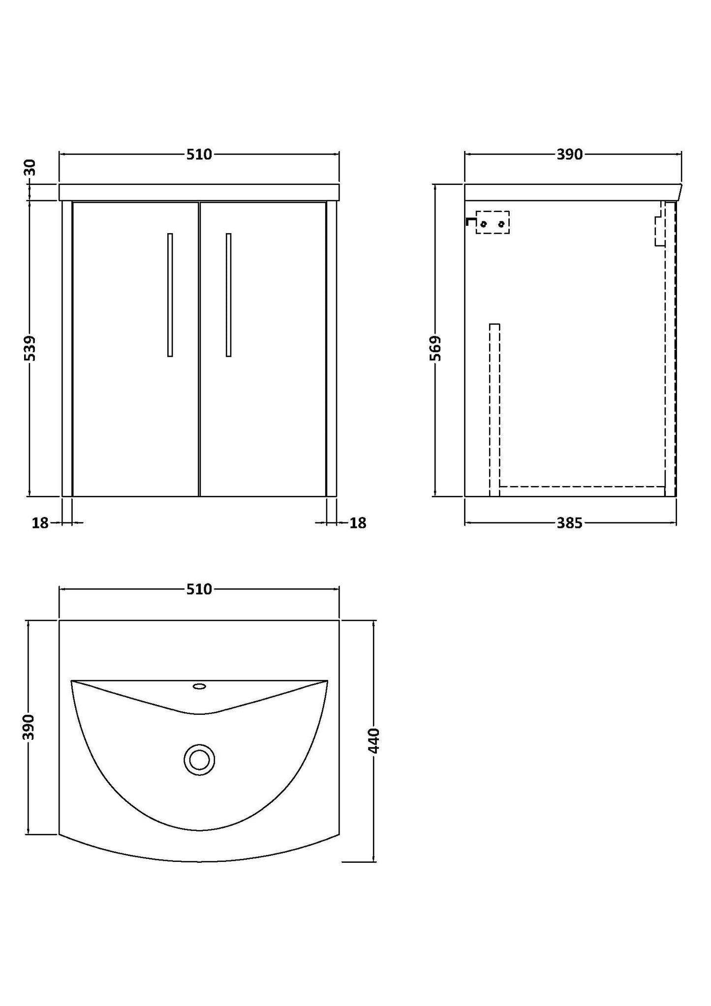 Hudson Reed Juno 500mm Wall Hung 2 Door Vanity Basin Unit Including Basin