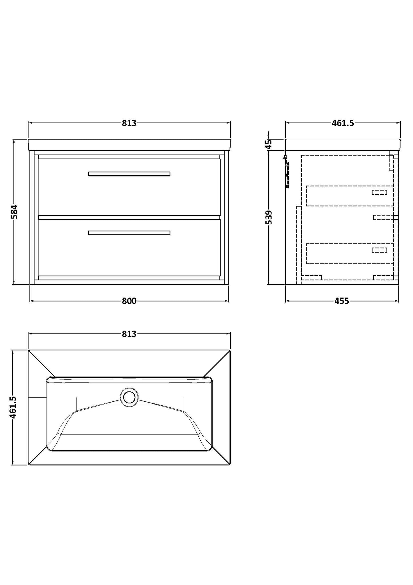 Hudson Reed Lille 800mm Graphite Grey Woodgrain Wall Hung 2-Drawer Vanity Unit with 0 Tap Hole Basin