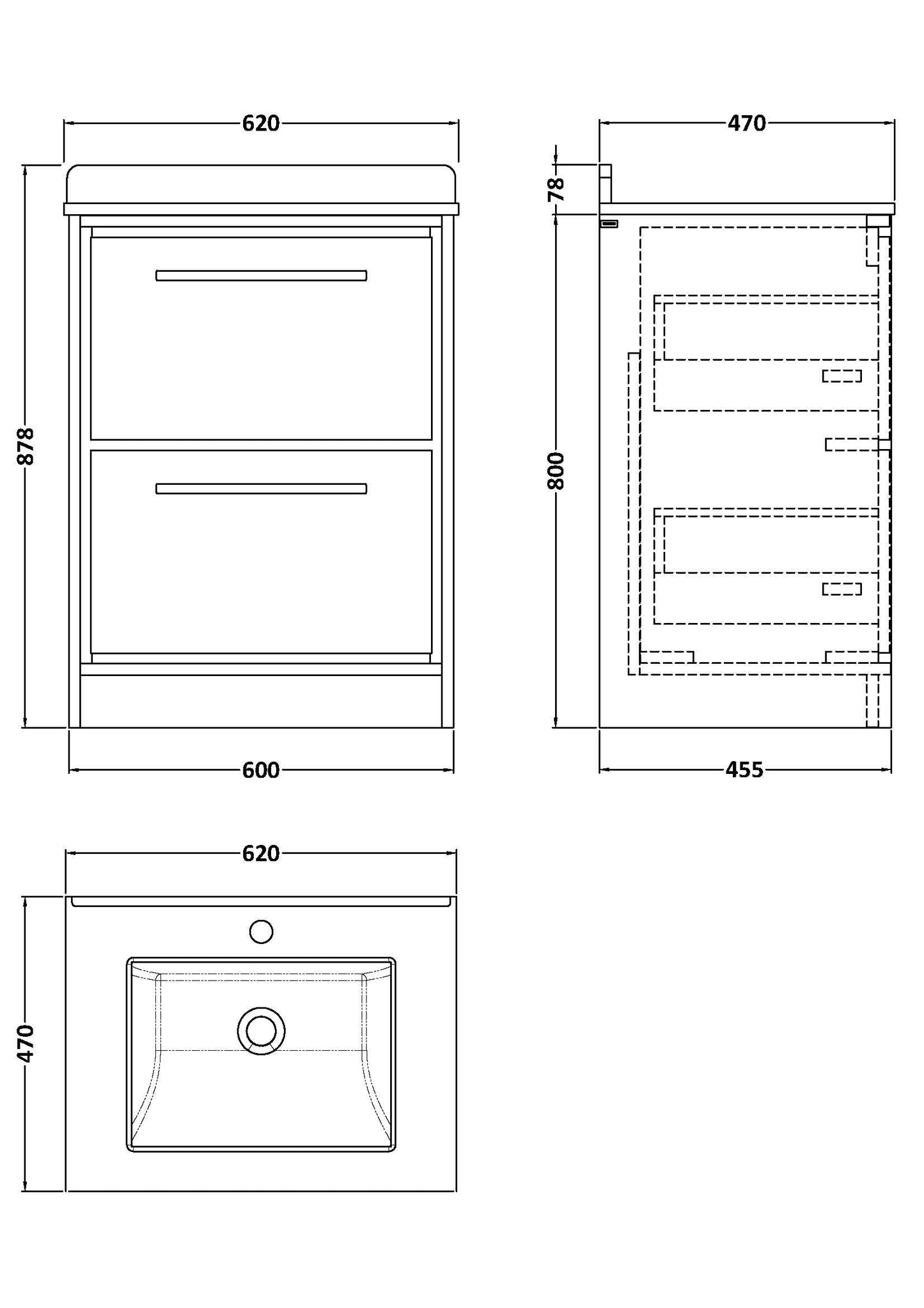 Hudson Reed Lille 600mm Bleached Oak Floor Standing 2-Drawer Vanity Unit with Marble Worktop Basin