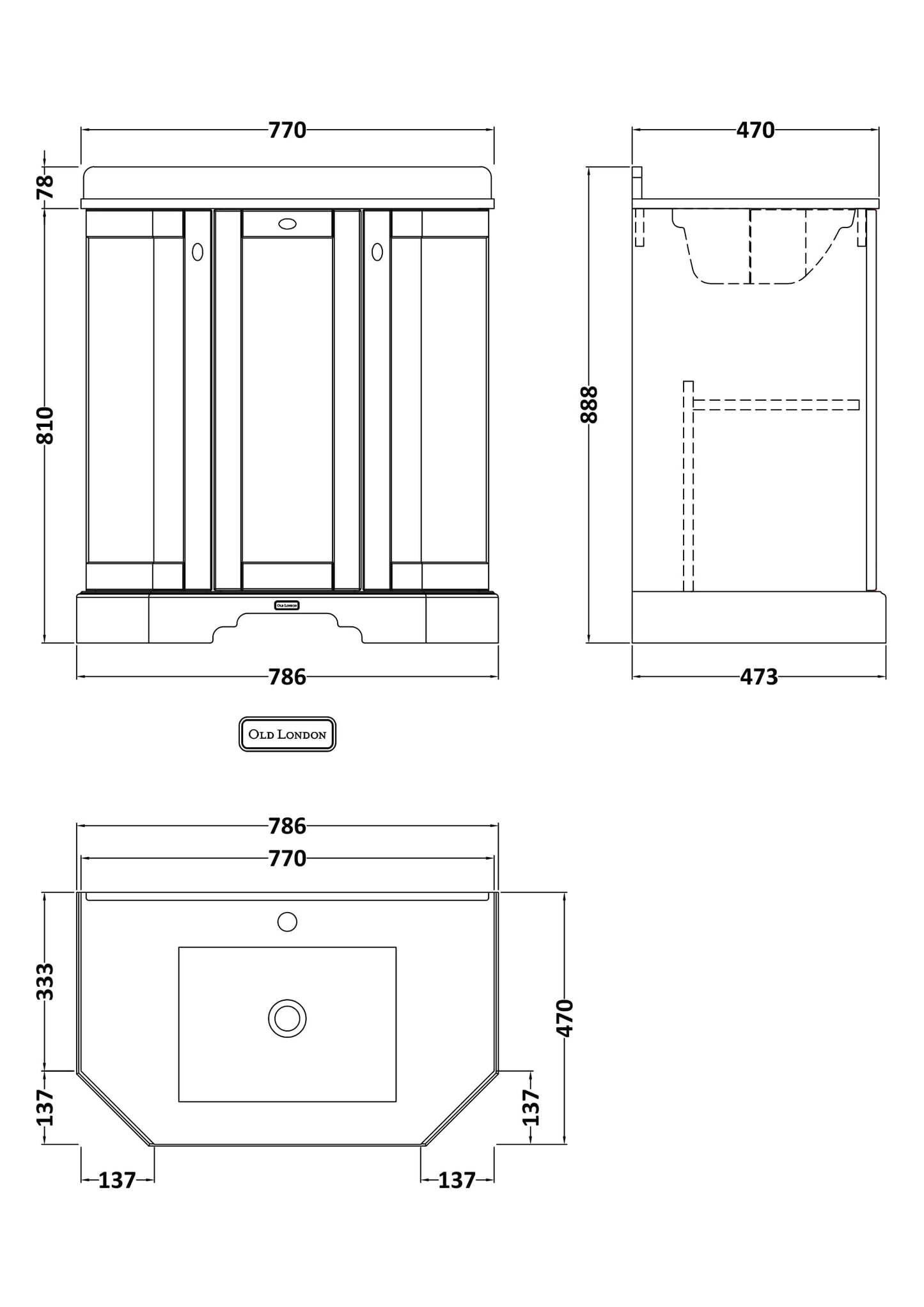 Hudson Reed Old London 750mm Storm Grey 3 Door Floor Standing Vanity Unit With Marble Top & Soft Close Doors