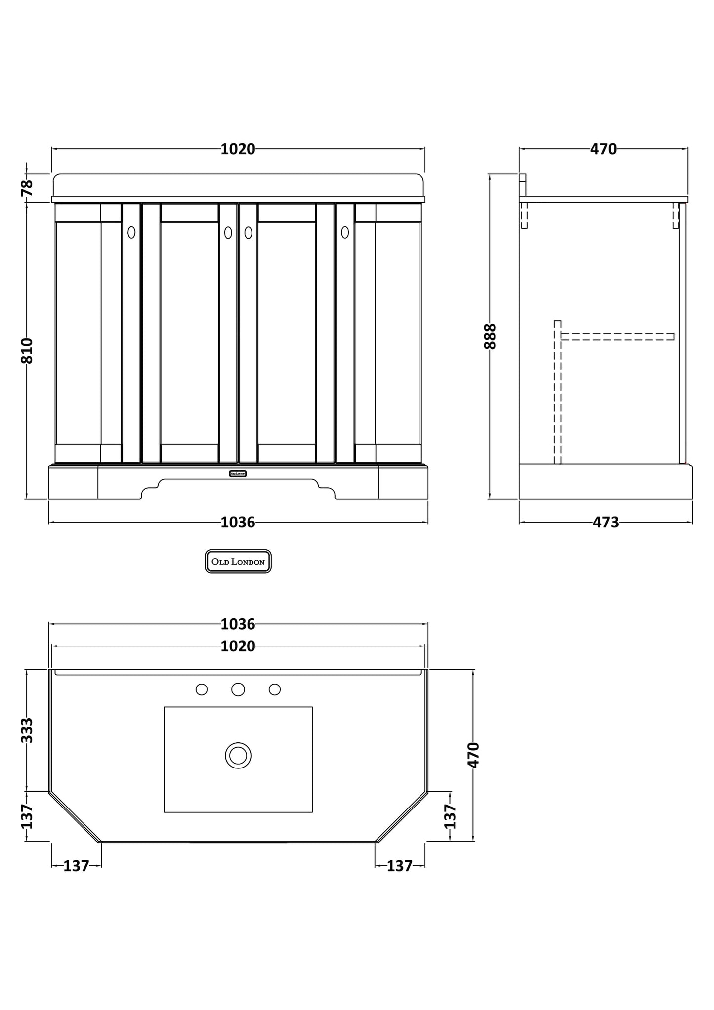 Hudson Reed Old London 1000mm Floor Standing 4 Door Vanity Unit with 3 Tap Hole Grey Marble Top Basin