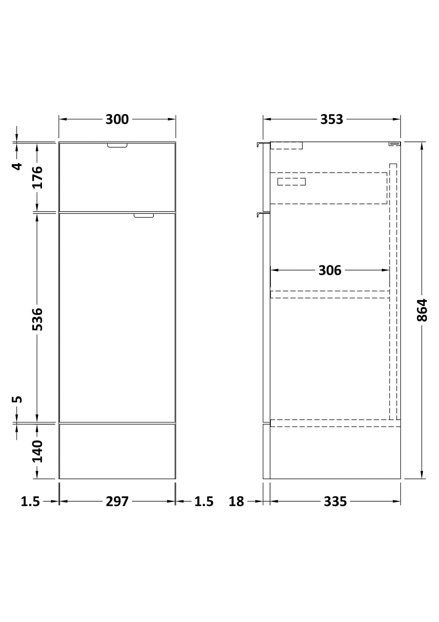 Hudson Reed Fusion 300mm 1 Door Drawer Gloss White Floor Standing Cabinet With Handles