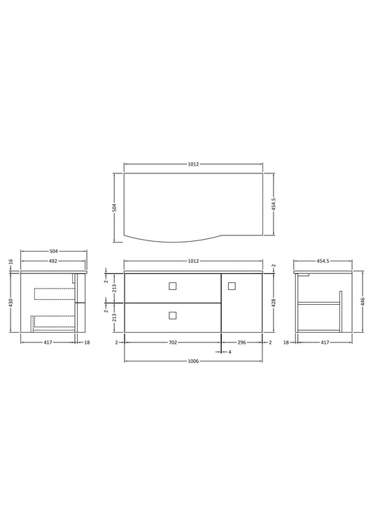 Hudson Reed Sarenna 1000mm Wall Hung Left Hand 2 Drawer 1 Door Vanity Unit With Grey Marble Top