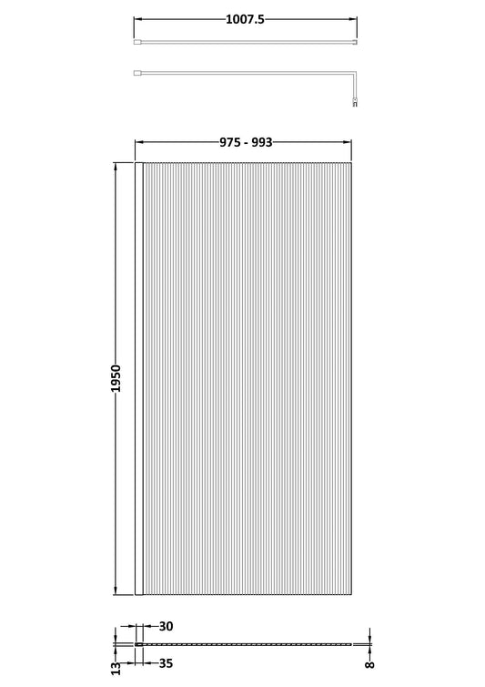 1000mm Fluted Wetroom Screen with Support Bar Brushed Brass