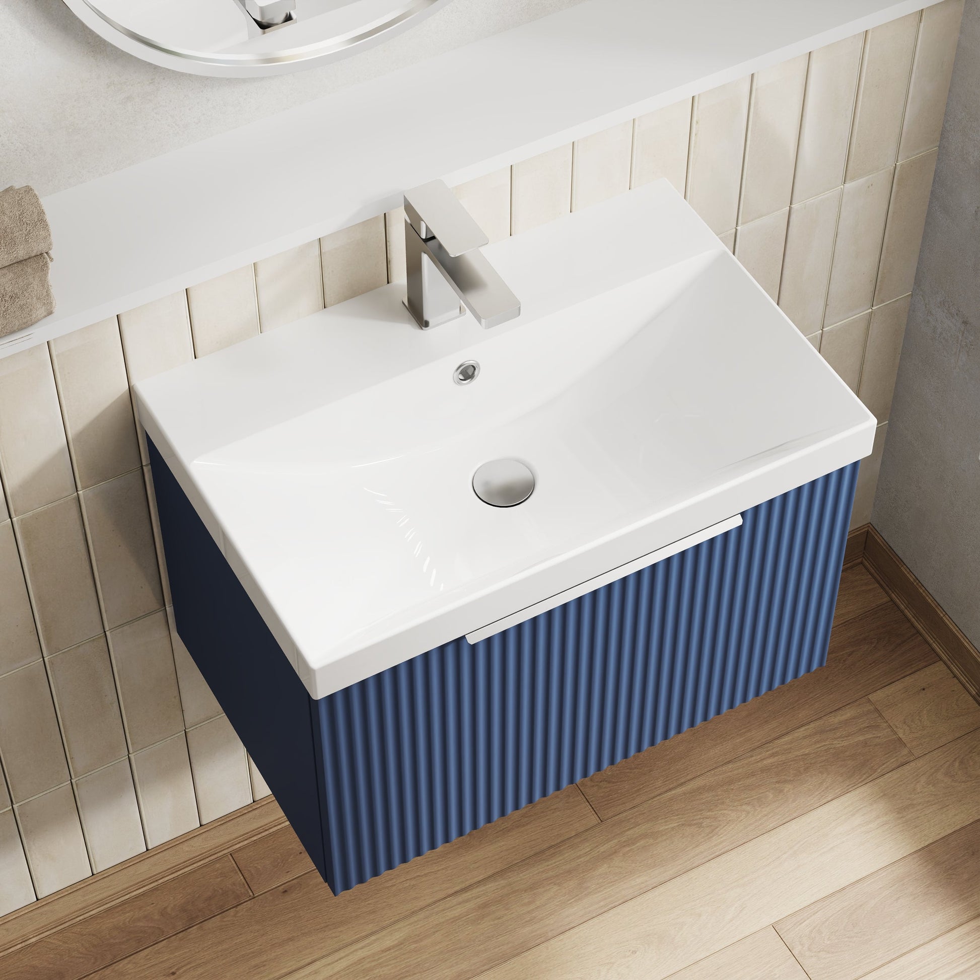 Hudson Reed Fluted 600mm Wall Hung Single Drawer Vanity and Thin-Edge Basin