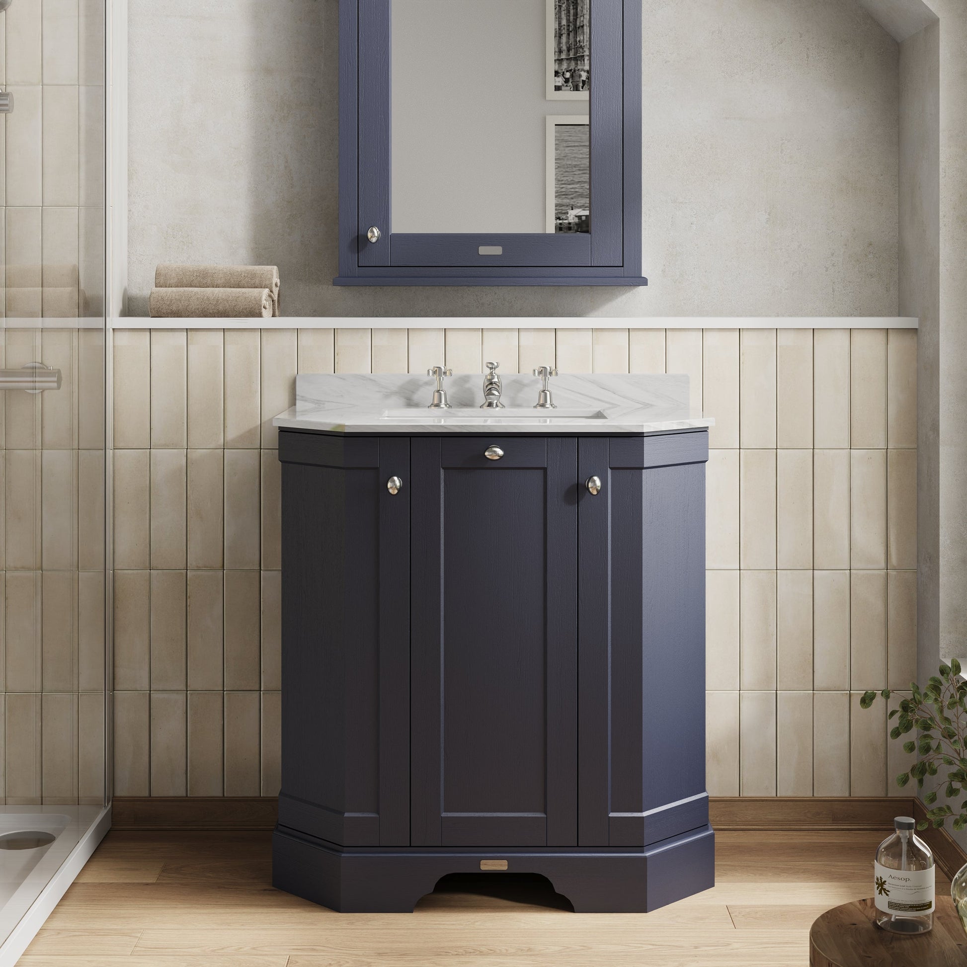 Hudson Reed Old London 750mm Floor Standing 3 Door Vanity Unit with Grey Marble Top Basin & Soft Close