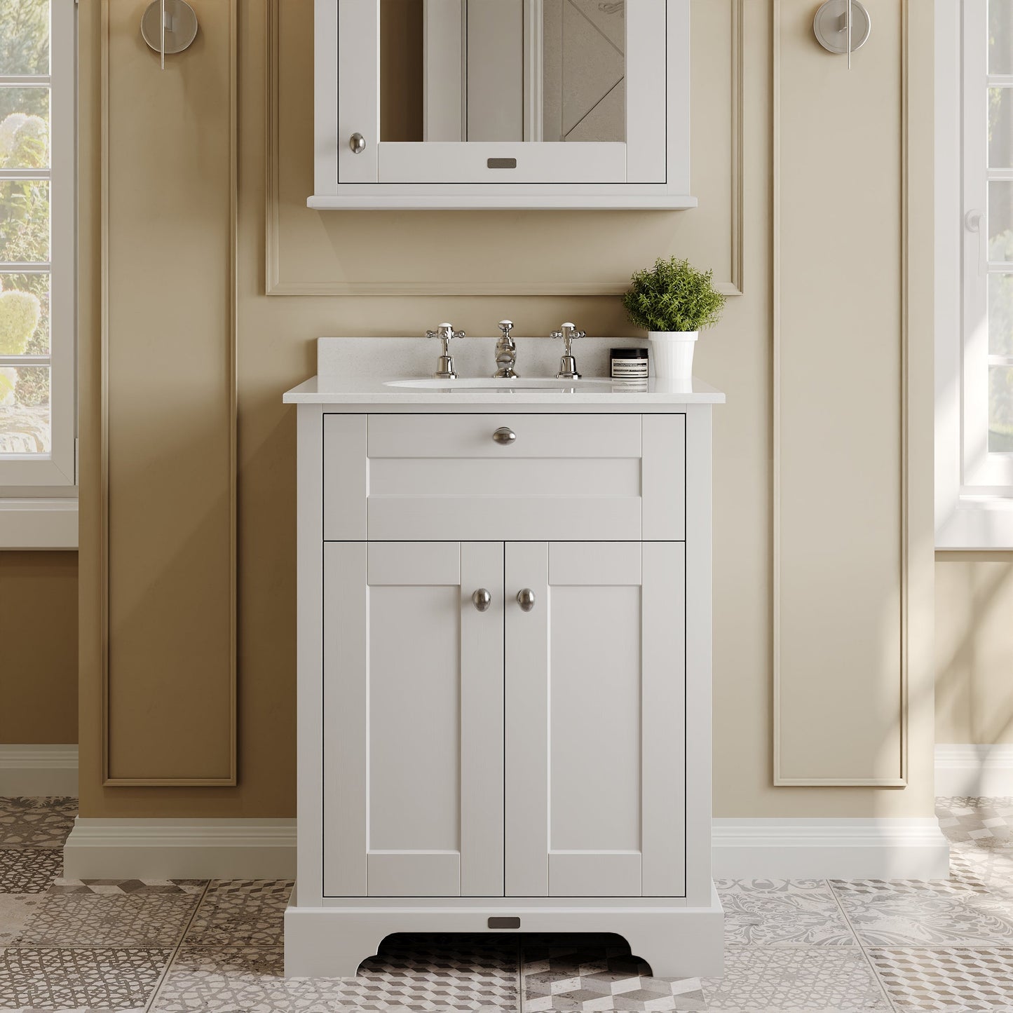 Hudson Reed Old London 600mm Floor Standing 2 Door Vanity Unit with 3 Tap Hole White Marble Top, Soft Close Doors, Rigid