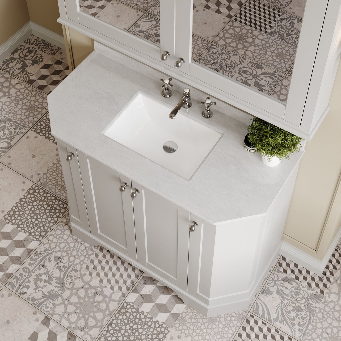 Hudson Reed Old London 1000mm Timeless Sand Floor Standing 4 Door Vanity Unit With White Marble Top & 3 Tap Hole Basin