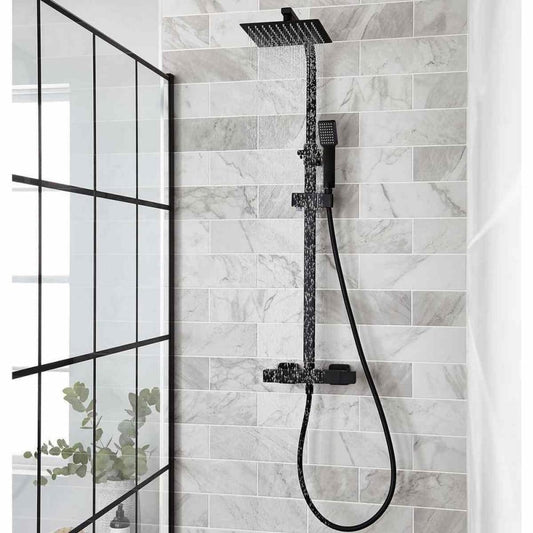 NERO SQUARE THERMOSTATIC EXPOSED BAR SHOWER WITH OVERHEAD DRENCHER AND SLIDING HANDSET