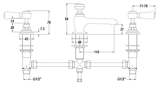 White Topaz With Lever Handle 3 Tap Hole Basin Mixer