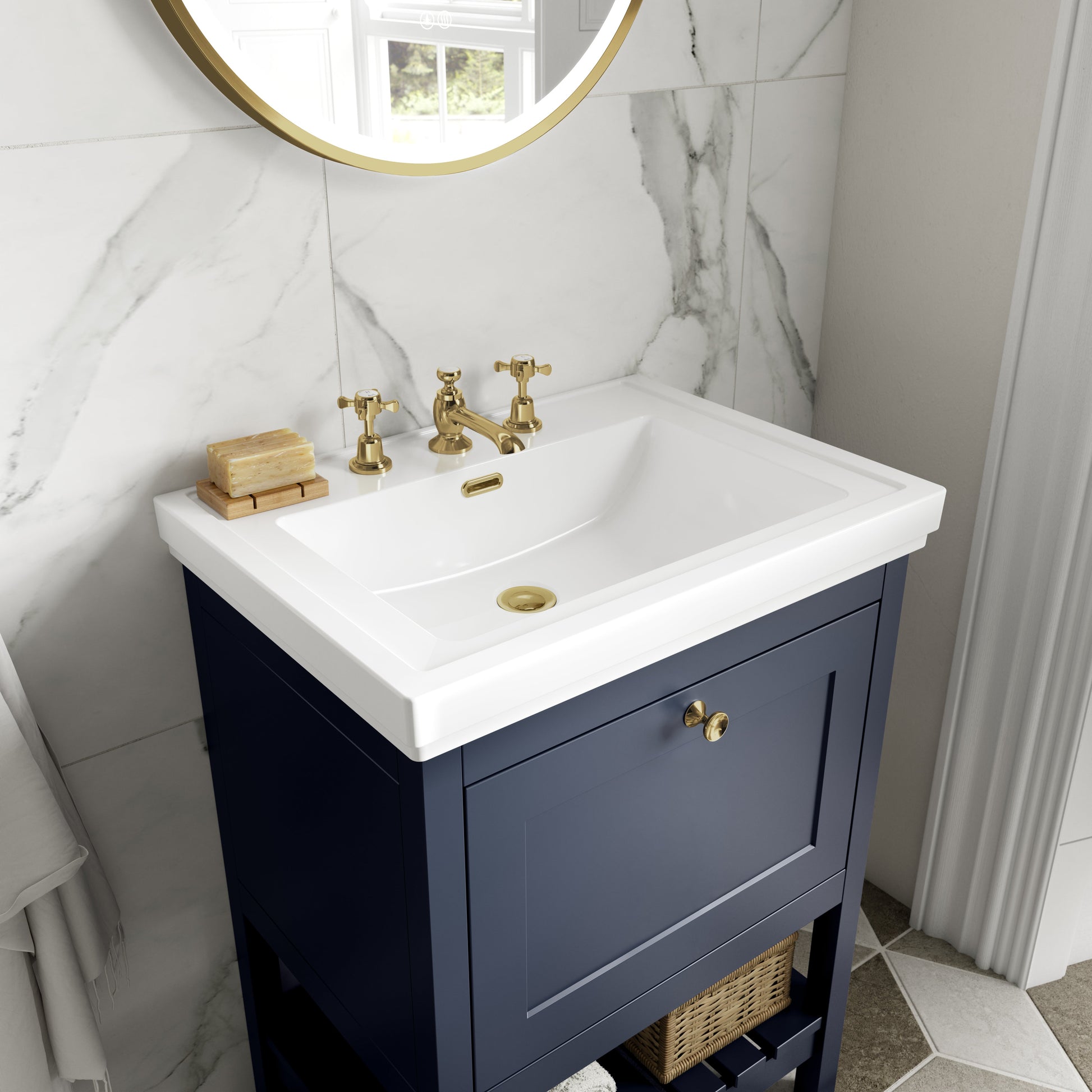 Hudson Reed Bexley 600mm Floor Standing 1 Drawer Vanity Unit With 3 Tap Hole Fireclay Basin