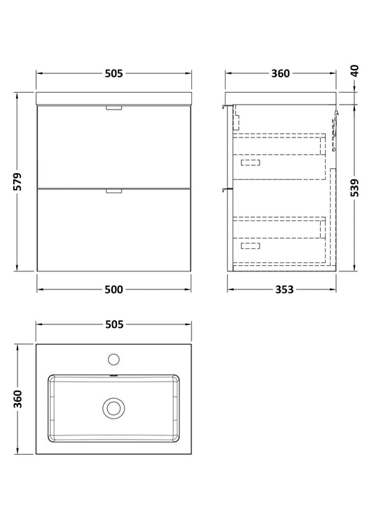 Hudson Reed Fusion 500mm Bleached Oak 2-Drawer Wall Hung Unit & Basin With Soft Close Drawers