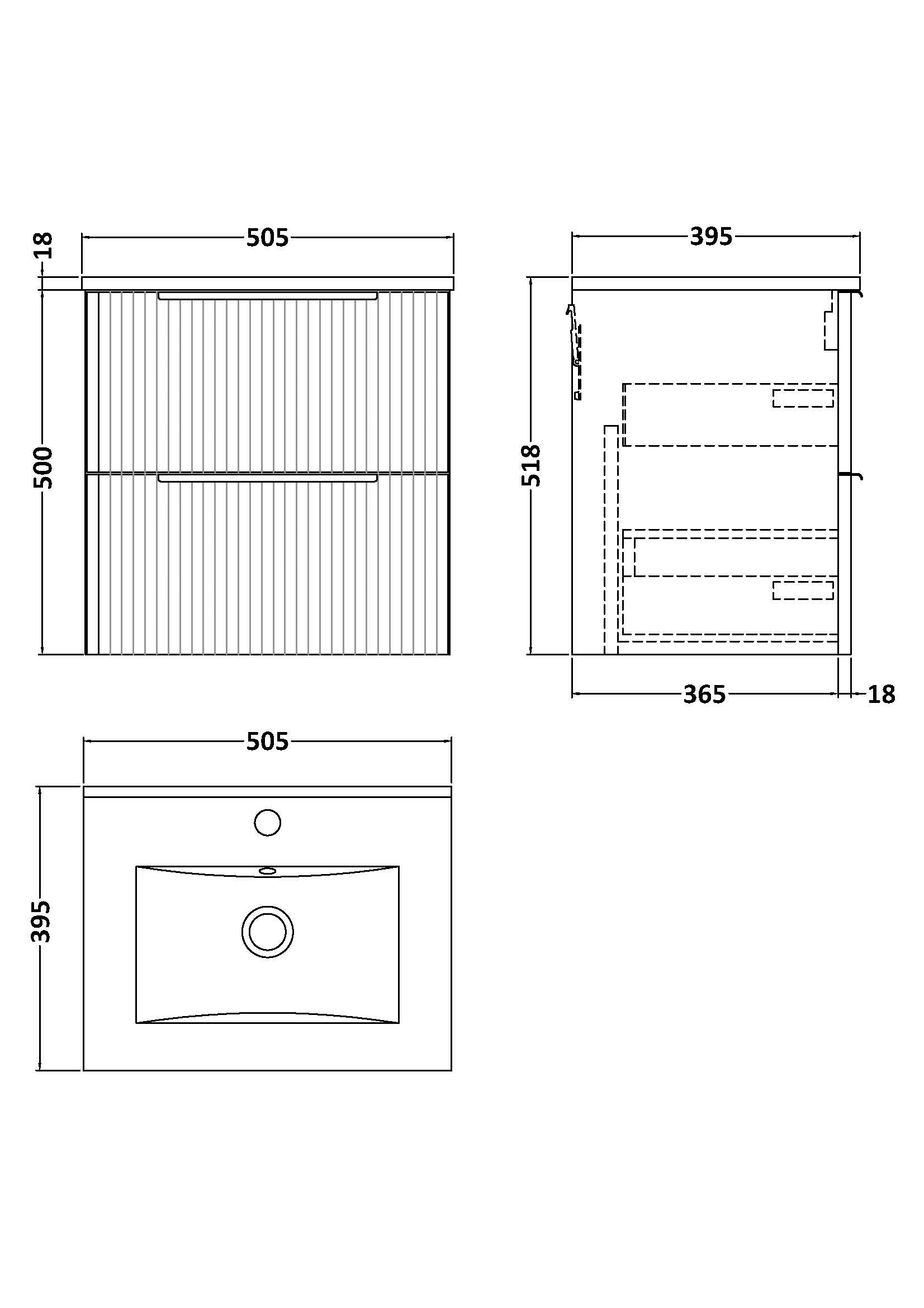 Hudson Reed Fluted 500mm Wall Hung 2-Drawer Vanity Unit Including Basin