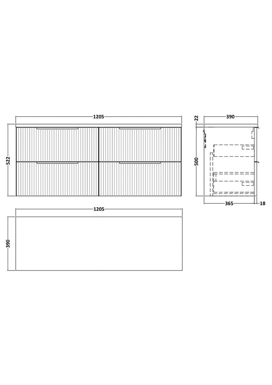 Hudson Reed Fluted 1200mm Satin White Wall Hung 4-Drawer Vanity Unit With Laminate Worktop