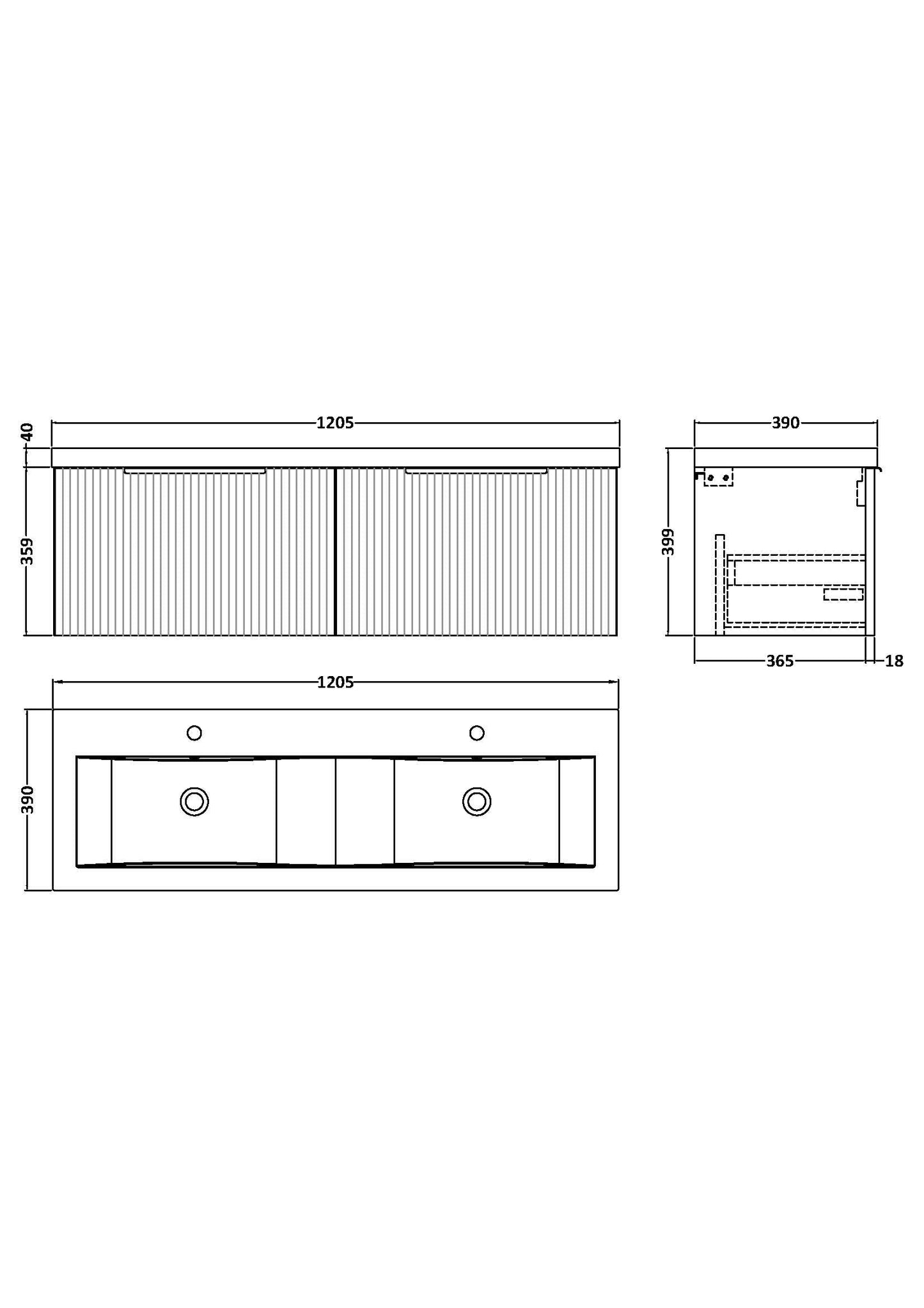 Hudson Reed Fluted 1200mm Wall Hung 2-Drawer Vanity Unit With Double Basin
