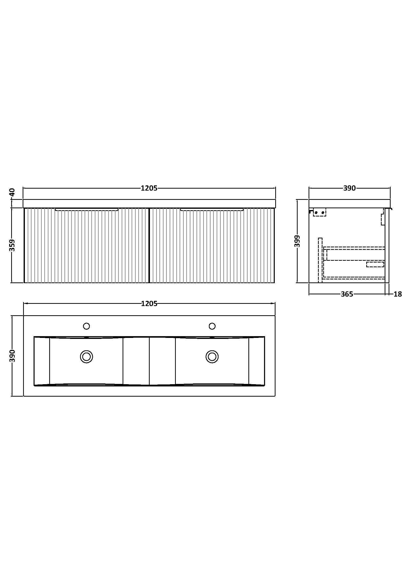Hudson Reed Fluted 1200mm Wall Hung 2-Drawer Vanity Unit With Double Basin