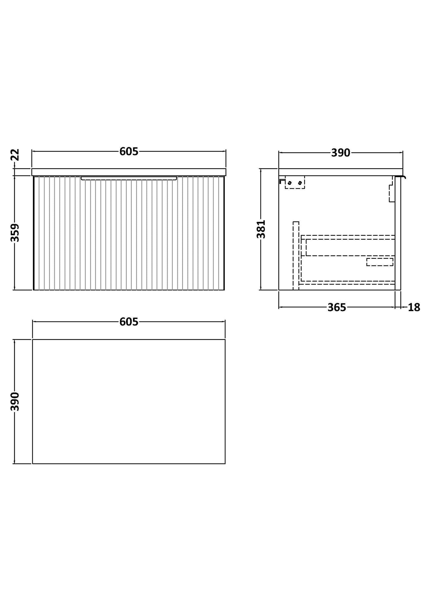 Hudson Reed Fluted 600mm Wall Hung Single Drawer Vanity With Laminate Worktop & Soft-Close Drawer