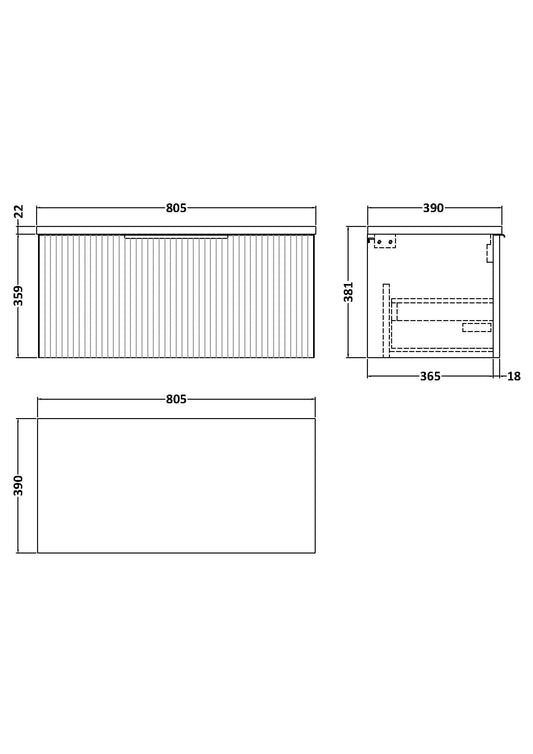 Hudson Reed Fluted 800mm Wall Hung Vanity Unit With Laminate Worktop