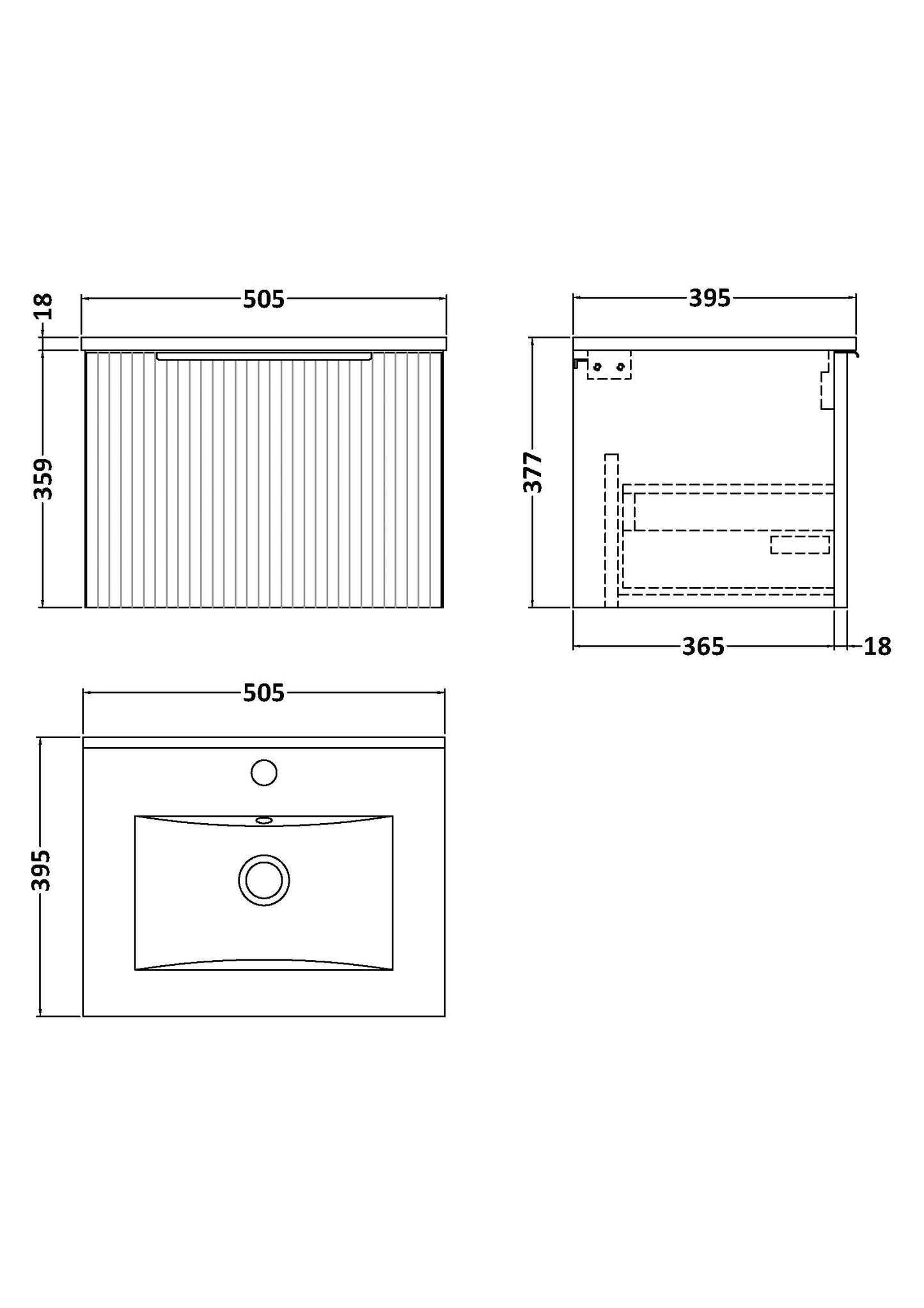 Hudson Reed Fluted 500mm Satin Blue Wall Hung Single Drawer Vanity Unit With Ceramic Basin