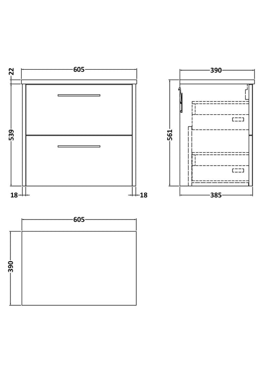 Hudson Reed Juno 600mm Autumn Oak Wall Hung 2-Drawer Vanity Unit With Laminate Worktop & Handles