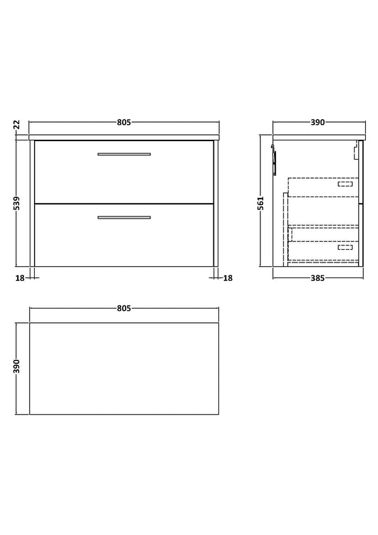 Hudson Reed Juno 800mm Graphite Grey Wall Hung Soft-Close 2-Drawer Vanity Unit With Laminate Top