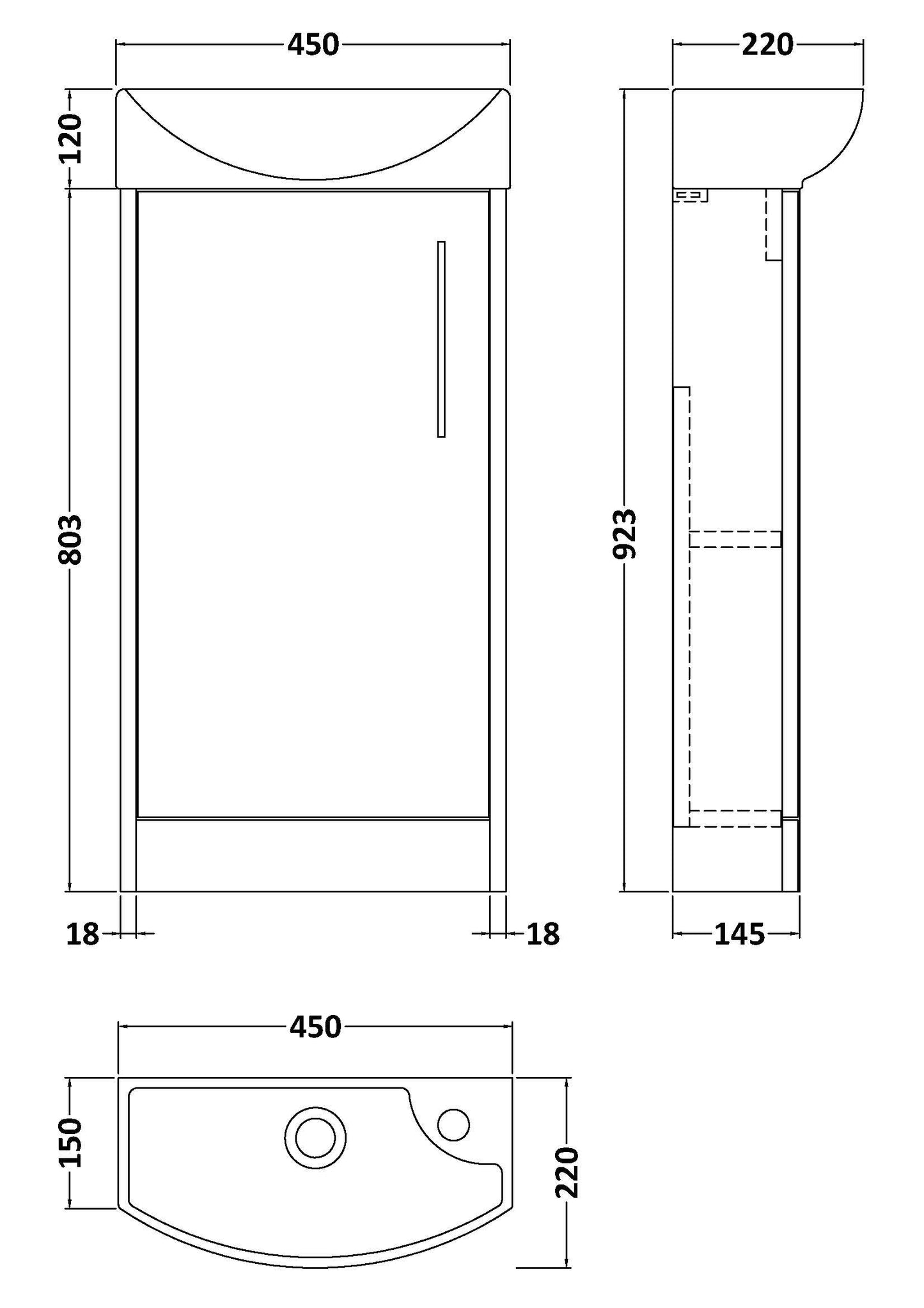 Juno Compact Floor Standing 1 Door Unit & 1 Tap Hole Ceramic Basin Left Hand, 440mm