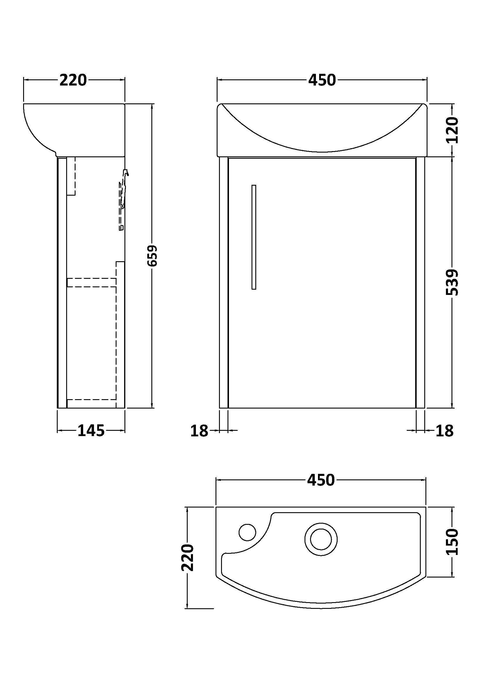 Hudson Reed Juno Compact 450mm Right Hand Wall Hung 1 Door Vanity Unit with 1 Tap Hole Ceramic Basin