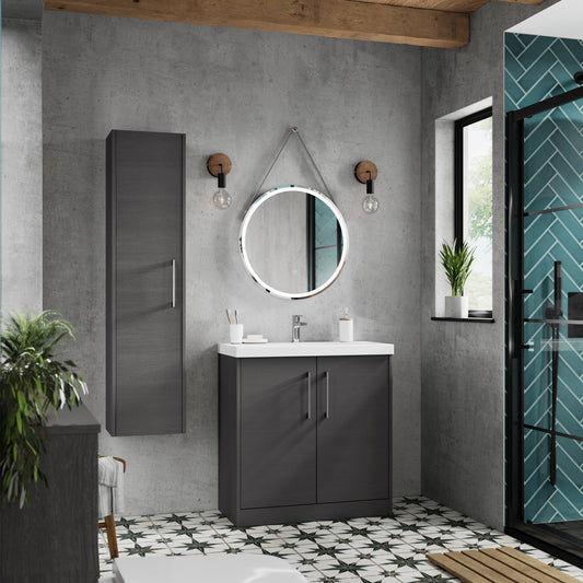 Hudson Reed Juno 800mm Graphite Grey Woodgrain Floor Standing 2-Door Vanity Unit with 1 Tap Hole Basin