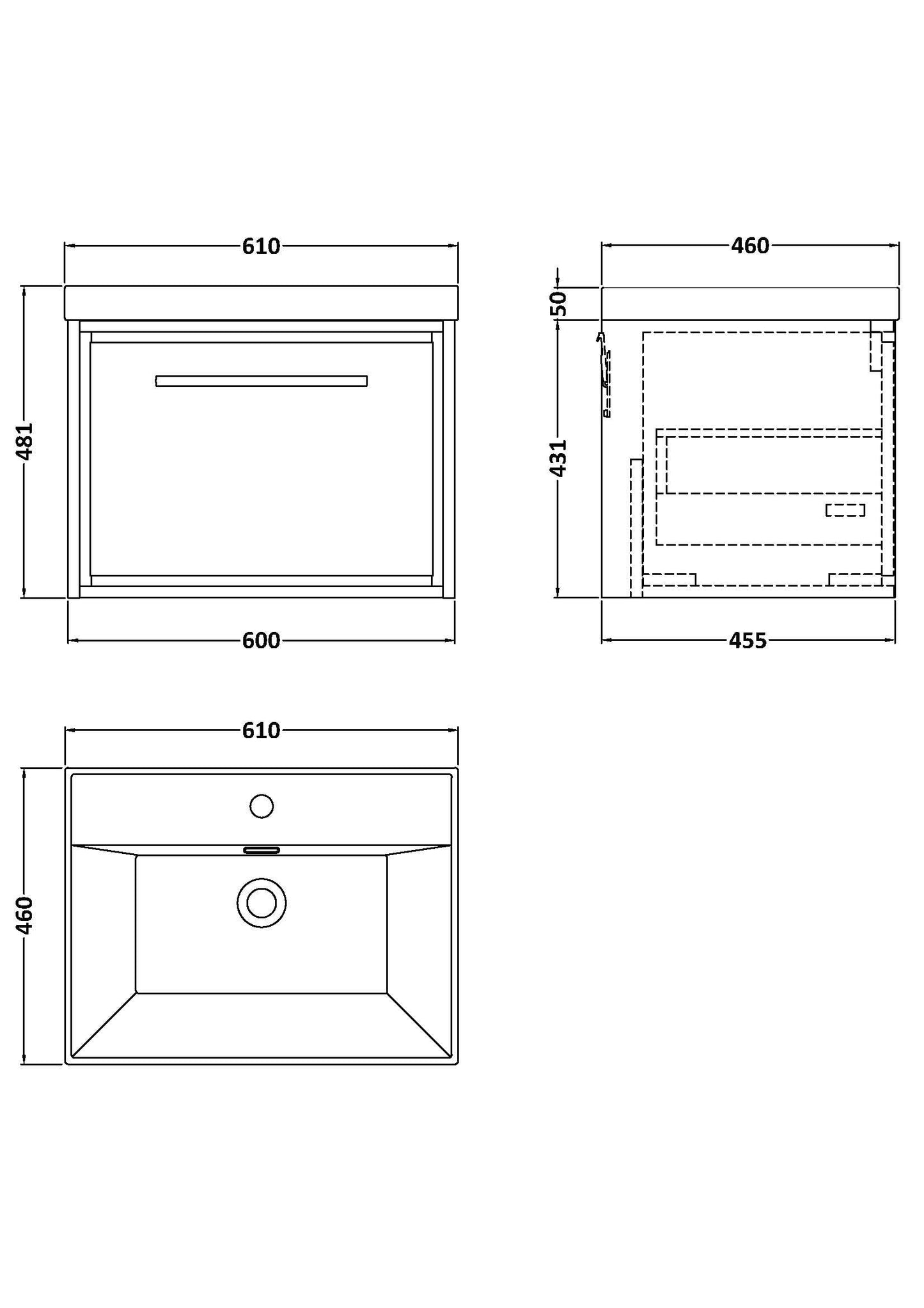 Hudson Reed Lille 600mm Wall Hung Single Drawer Vanity Unit with 1 Tap Hole Basin & Soft Close Drawers