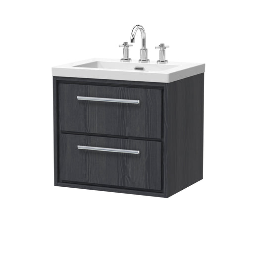 Hudson Reed Lille 600mm Graphite Grey Woodgrain Wall Hung 2-Drawer Vanity With 3 Tap Hole Basin
