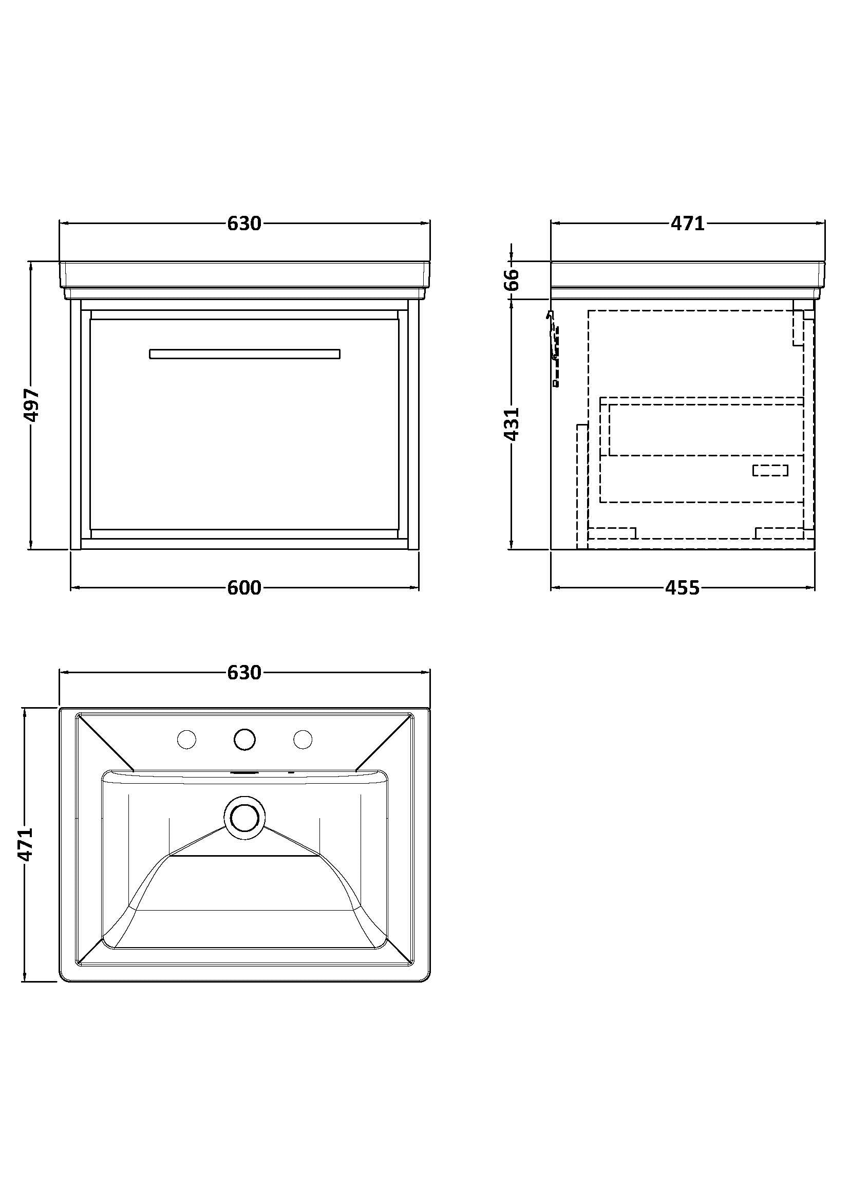 Hudson Reed Lille 600mm Coastal Grey Wall Hung Single Drawer Vanity Unit With 3 Tap Hole Basin