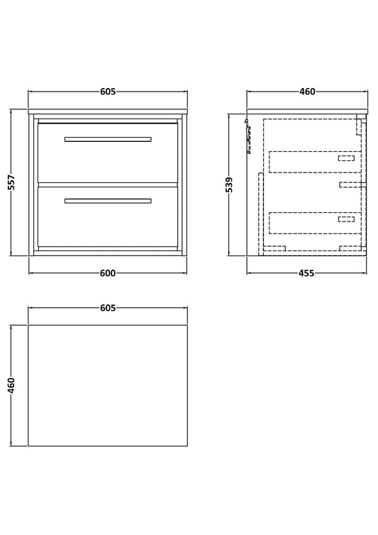 Hudson Reed Lille 600mm Bleached Oak Wall Hung 2-Drawer Vanity Unit With Worktop & Soft Close Drawers