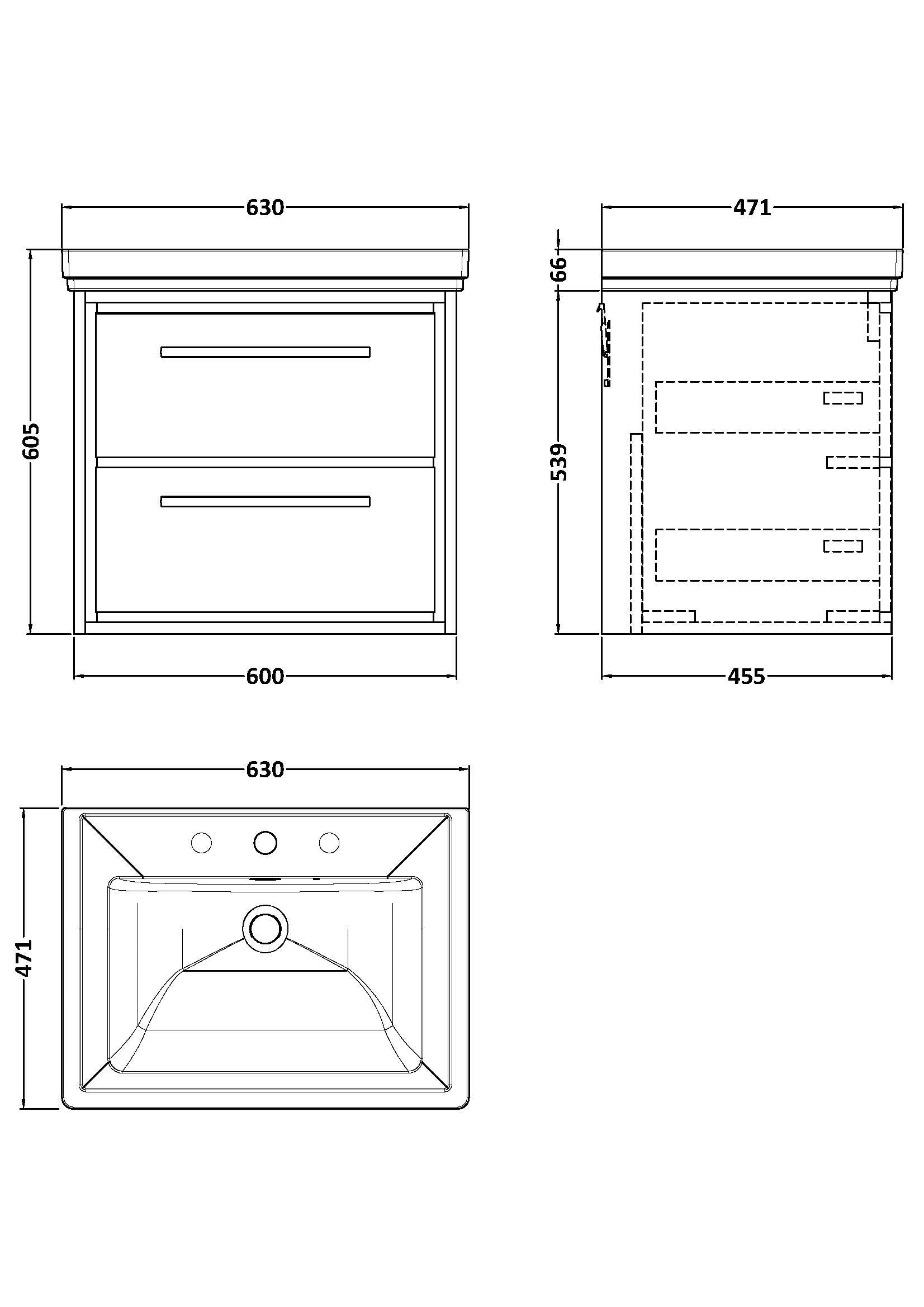 Hudson Reed Lille 600mm Fern Green Wall Hung 2-Drawer Vanity Unit with 3 Tap Hole Basin
