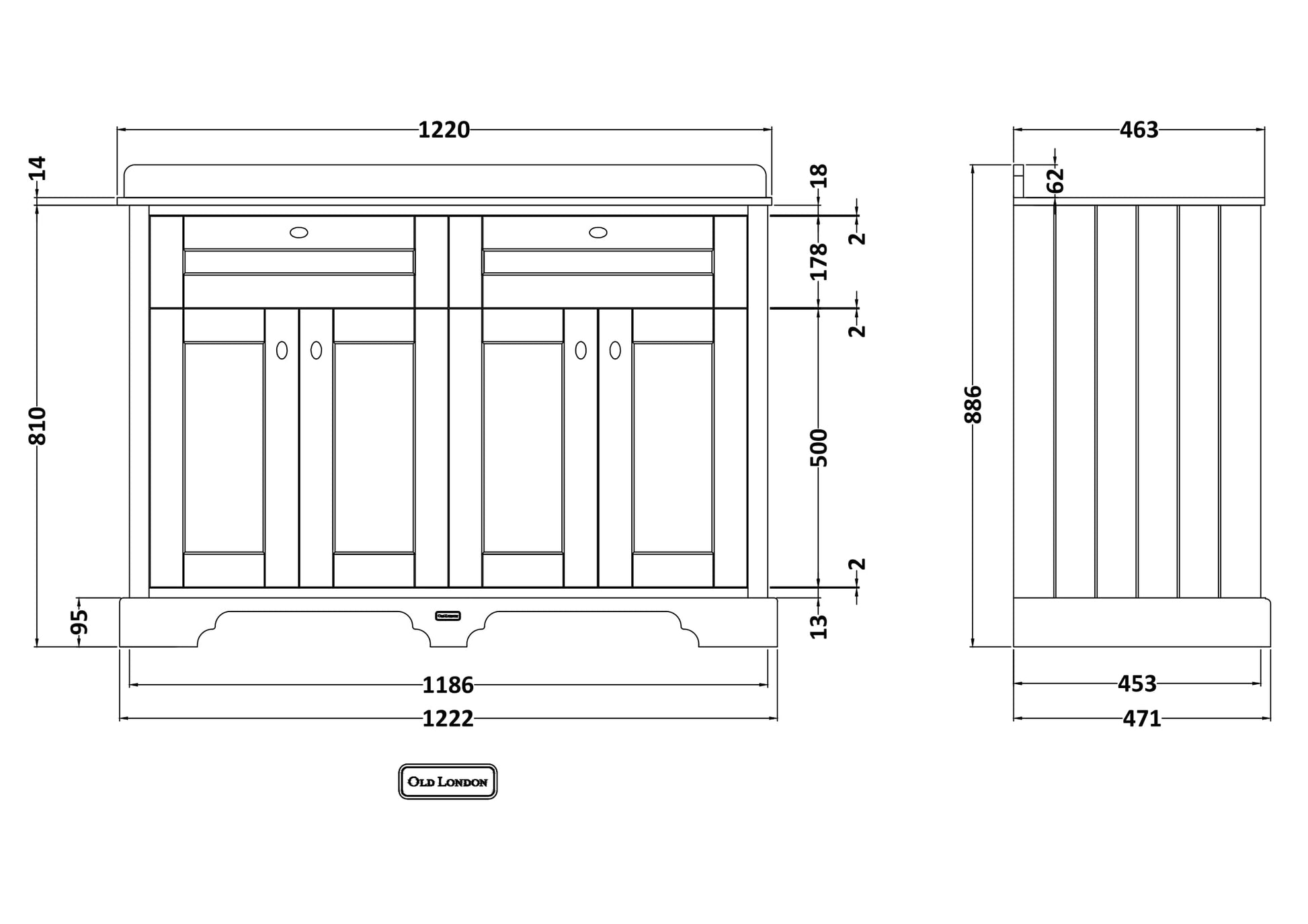 Hudson Reed Old London 1220mm Storm Grey Floor Standing 4 Door Vanity Unit With White Marble Double Basin
