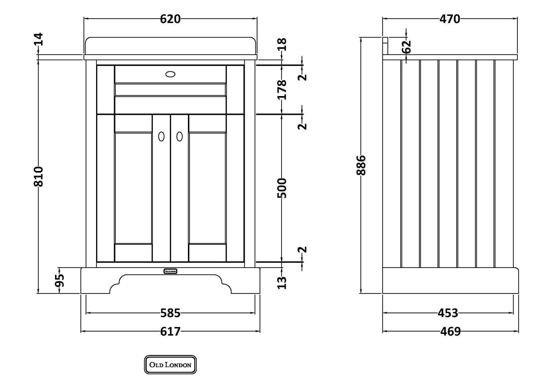 Hudson Reed Old London 600mm Floor Standing 2 Door Vanity Basin Unit With Marble Top Basin