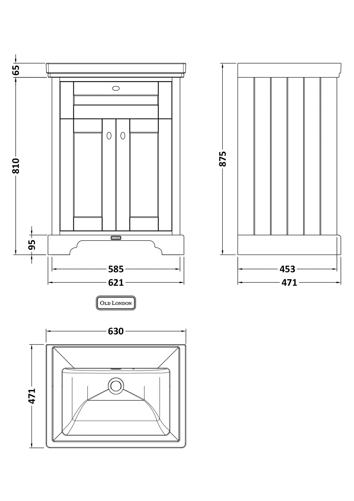 Hudson Reed Old London Twilight Blue 630mm Floor Standing 2 Door Vanity Unit With Fireclay Basin