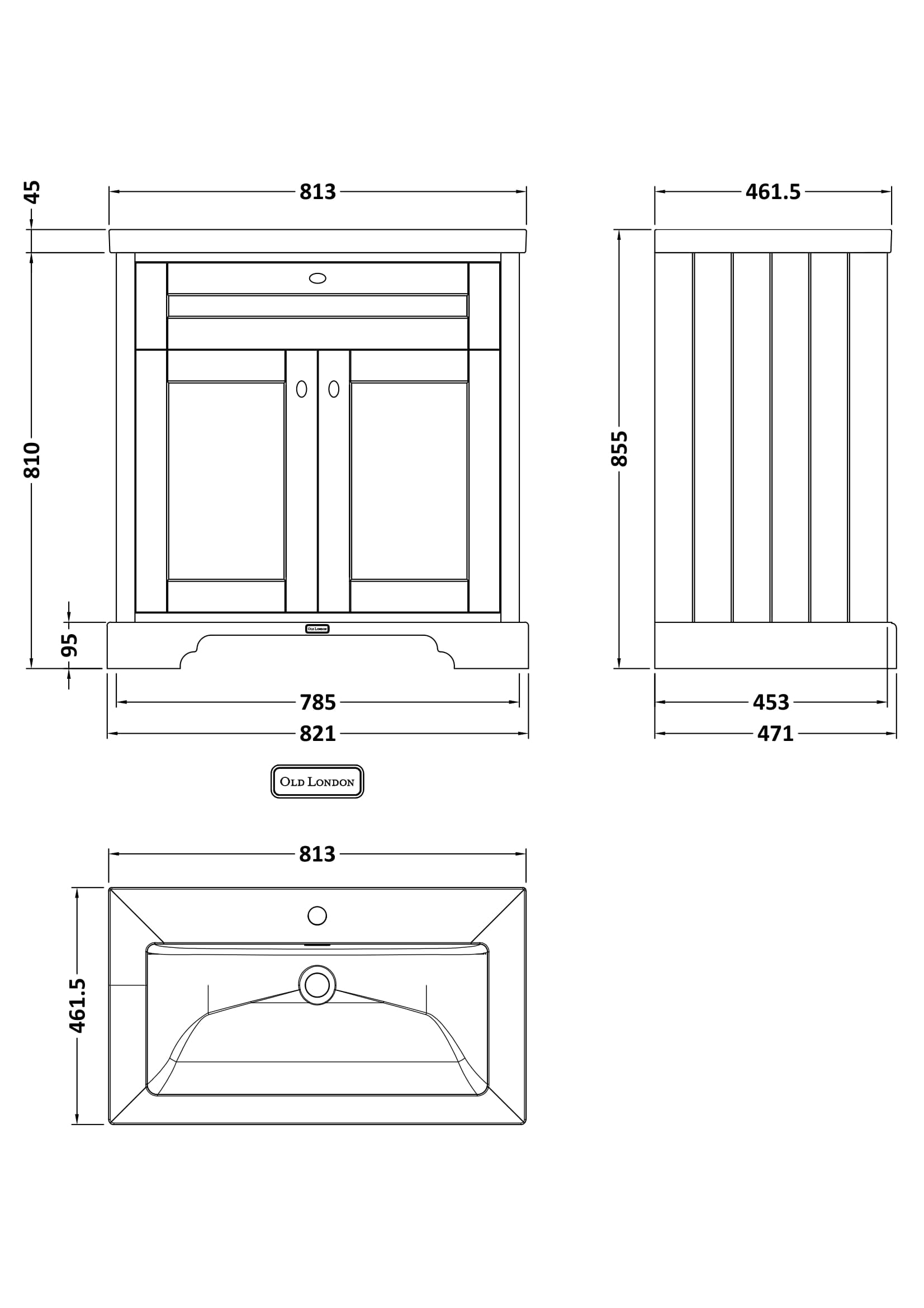 Old London 800mm 2-Door Unit & Contemporary Fireclay Basin 1TH