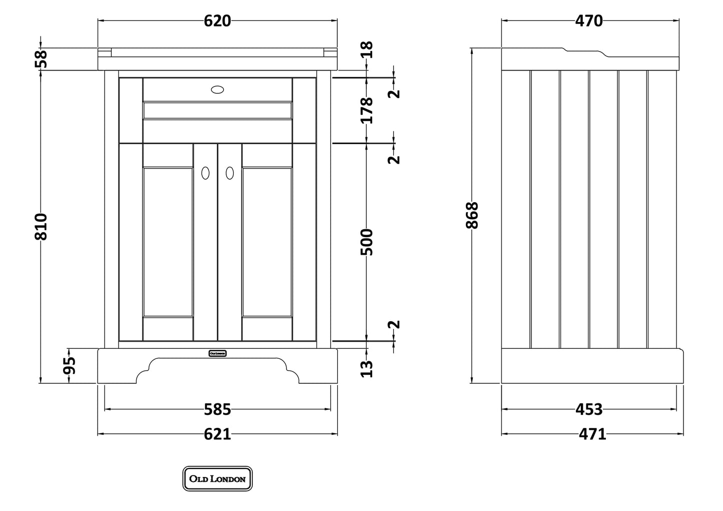 Hudson Reed Old London 600mm Hunter Green Floor Standing 2 Door Vanity Unit with 1 Tap Hole Ceramic Basin