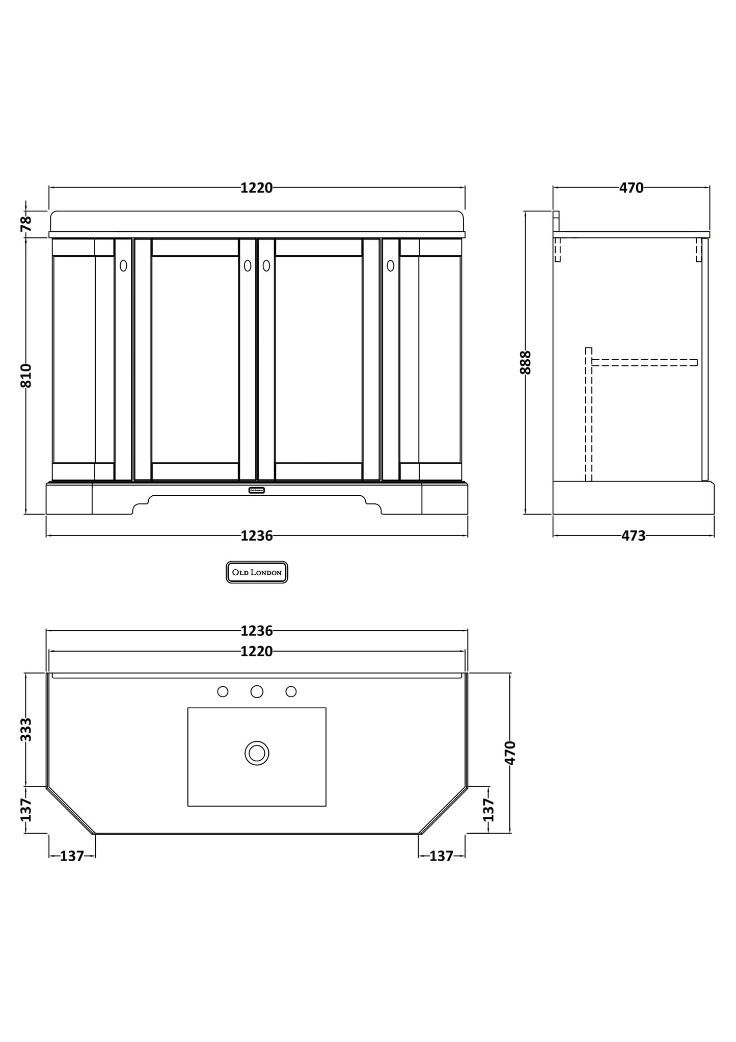 Hudson Reed Old London 1236mm Hunter Green Floor Standing 4 Door Vanity Unit with 3 Tap Hole Black Marble Top Basin