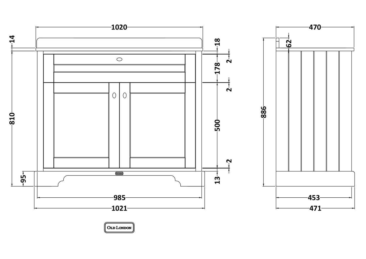 Floor Standing 2 Door Vanity Unit with 3 Tap Hole Grey Marble Top 1000mm