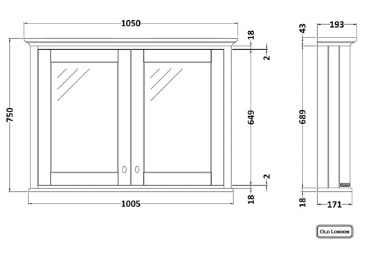 Hudson Reed Old London 1050mm 2 Door Storm Grey Wall Hung Mirror Cabinet With Handles