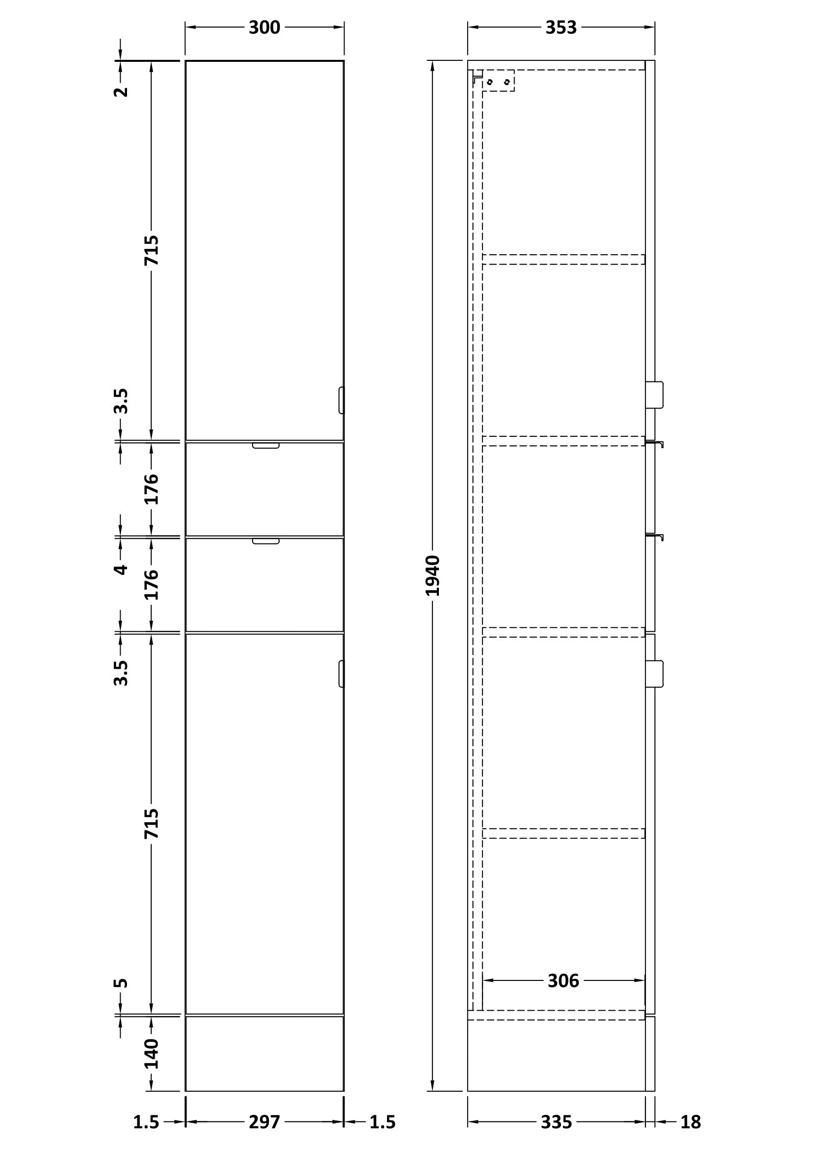 Hudson Reed Fusion 300mm 2 Door Drawer Gloss Grey Floor Standing Tall Cabinet With Handles