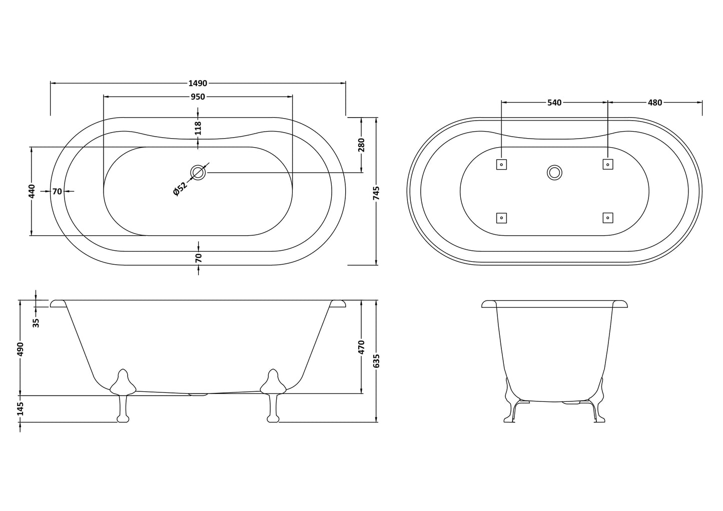 Hudson Reed 1490mm Freestanding Bath With Pride Legs