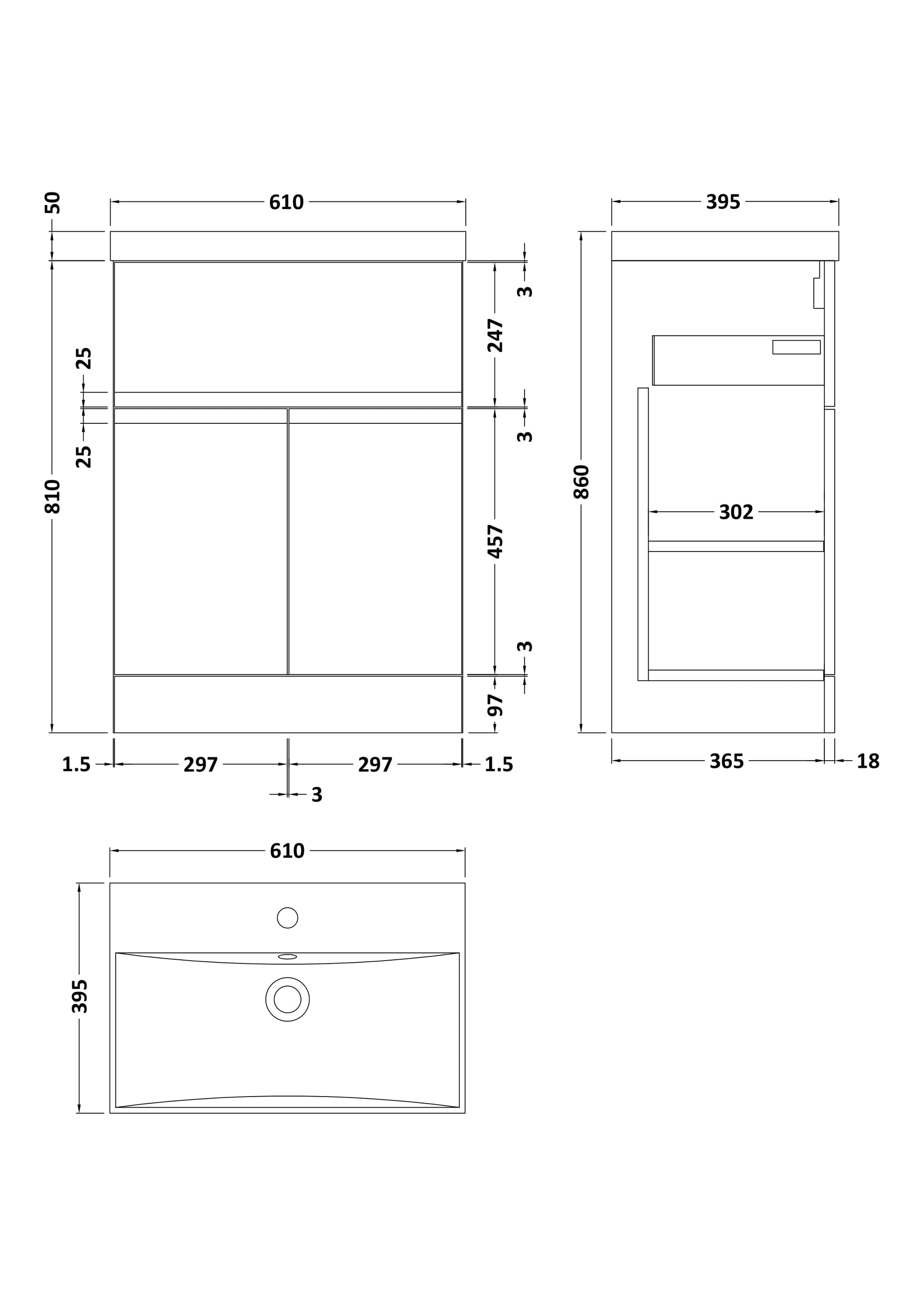 Hudson Reed Urban 600mm Floor Standing 2 Door 1 Drawer Vanity Unit With Thin-Edge Ceramic Basin, Soft Close