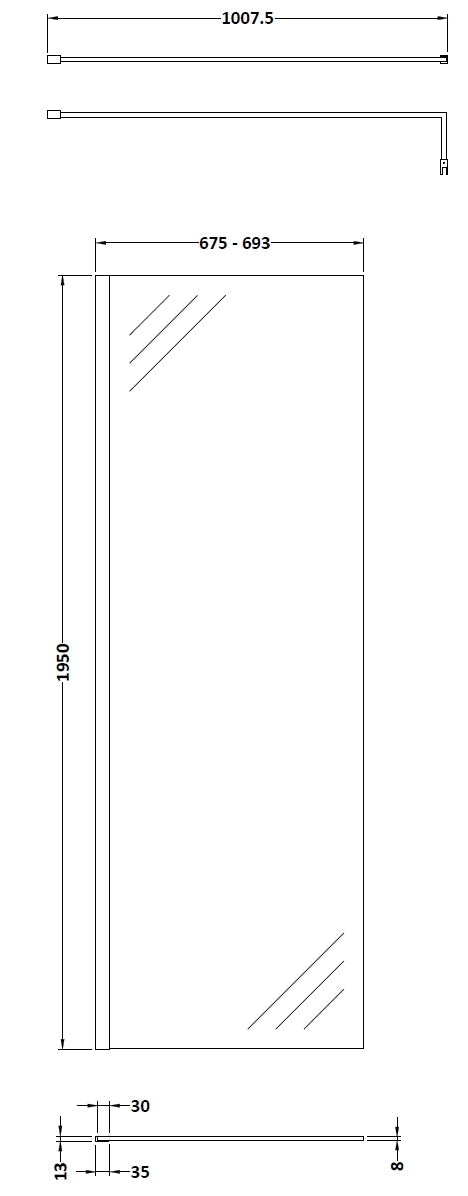 700mm Wetroom Screen With Brass Support Bar